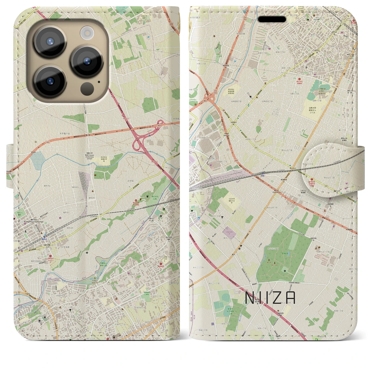 【新座】地図柄iPhoneケース（手帳両面タイプ・ナチュラル）iPhone 14 Pro Max 用