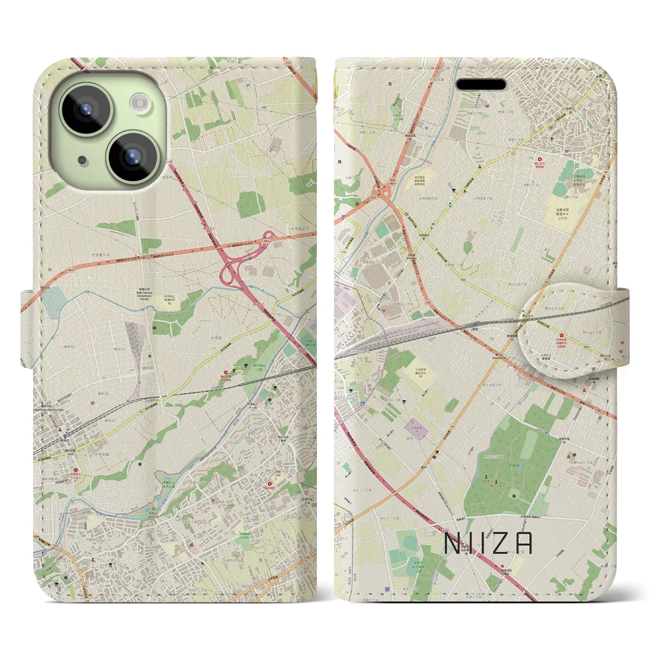 【新座】地図柄iPhoneケース（手帳両面タイプ・ナチュラル）iPhone 15 用