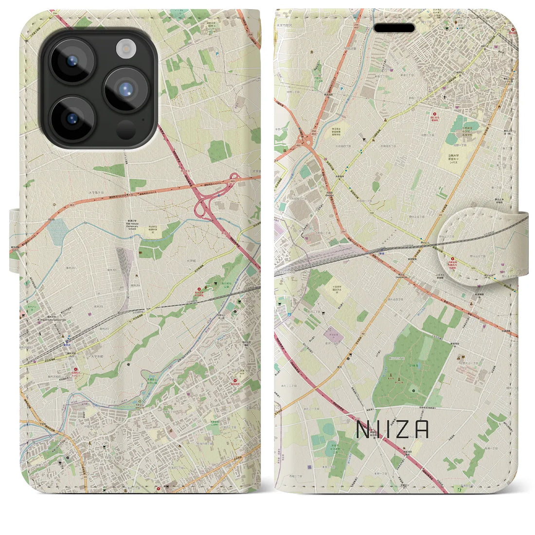 【新座】地図柄iPhoneケース（手帳両面タイプ・ナチュラル）iPhone 15 Pro Max 用