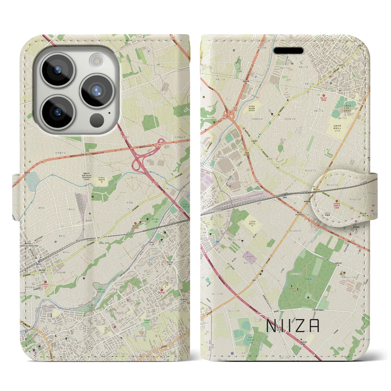 【新座】地図柄iPhoneケース（手帳両面タイプ・ナチュラル）iPhone 15 Pro 用