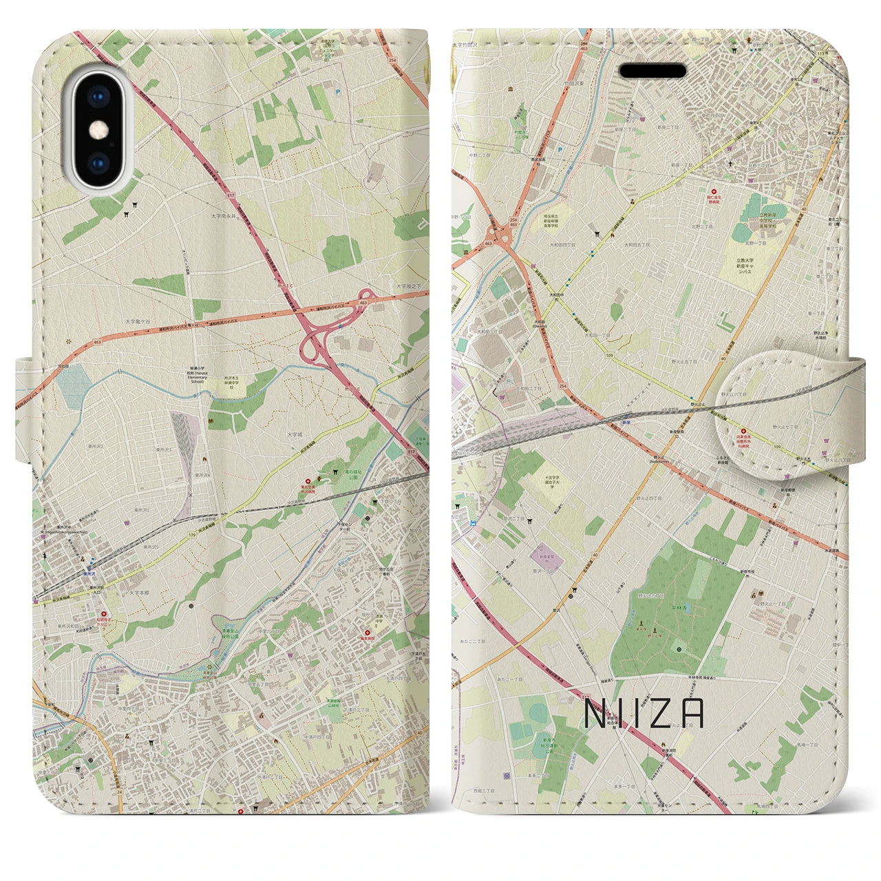 【新座】地図柄iPhoneケース（手帳両面タイプ・ナチュラル）iPhone XS Max 用