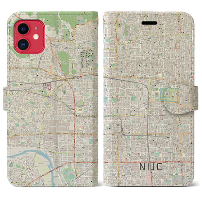 【二条（京都府）】地図柄iPhoneケース（手帳タイプ）ナチュラル・iPhone 11 用
