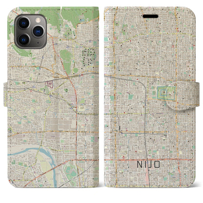 【二条（京都府）】地図柄iPhoneケース（手帳タイプ）ナチュラル・iPhone 11 Pro Max 用