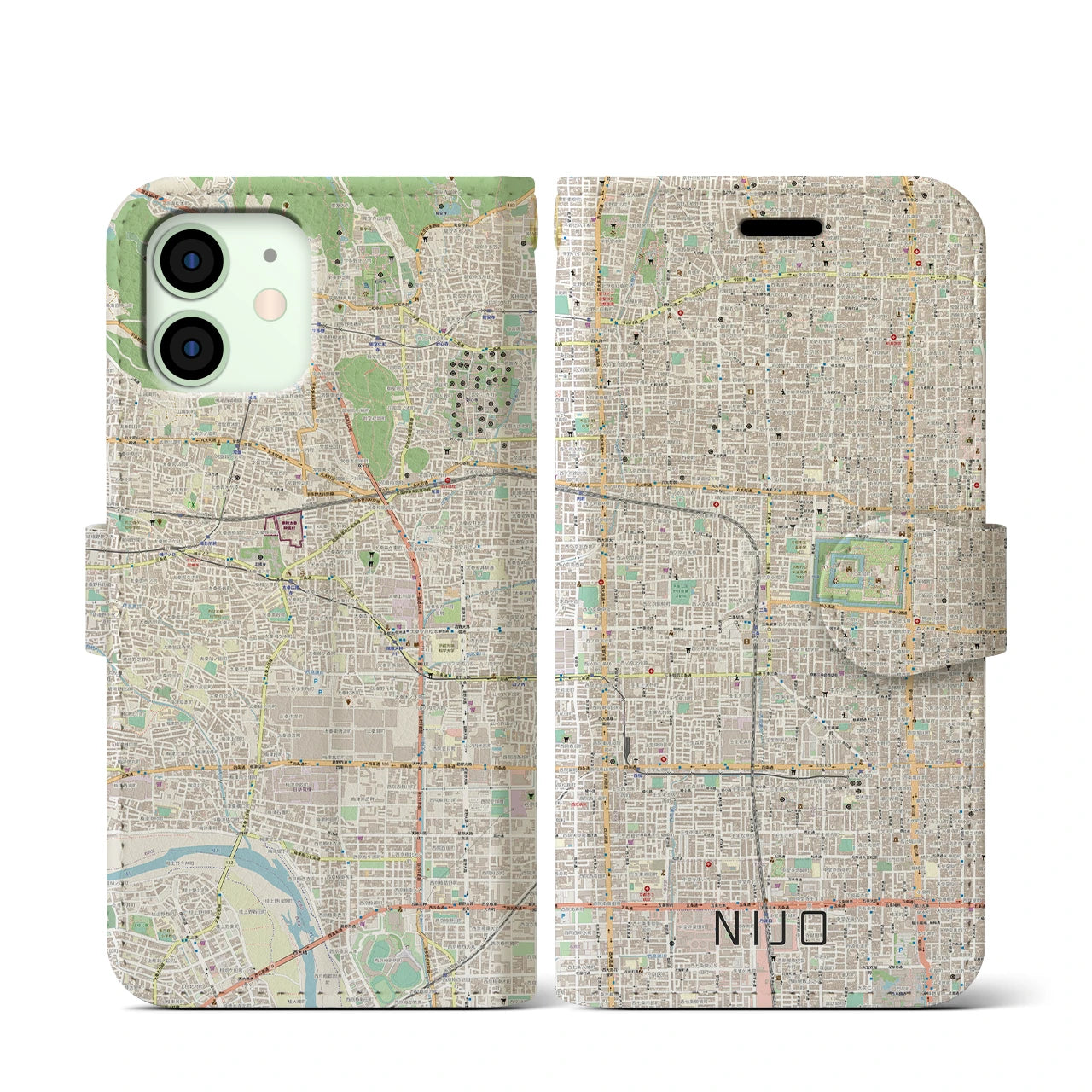 【二条】地図柄iPhoneケース（手帳両面タイプ・ナチュラル）iPhone 12 mini 用