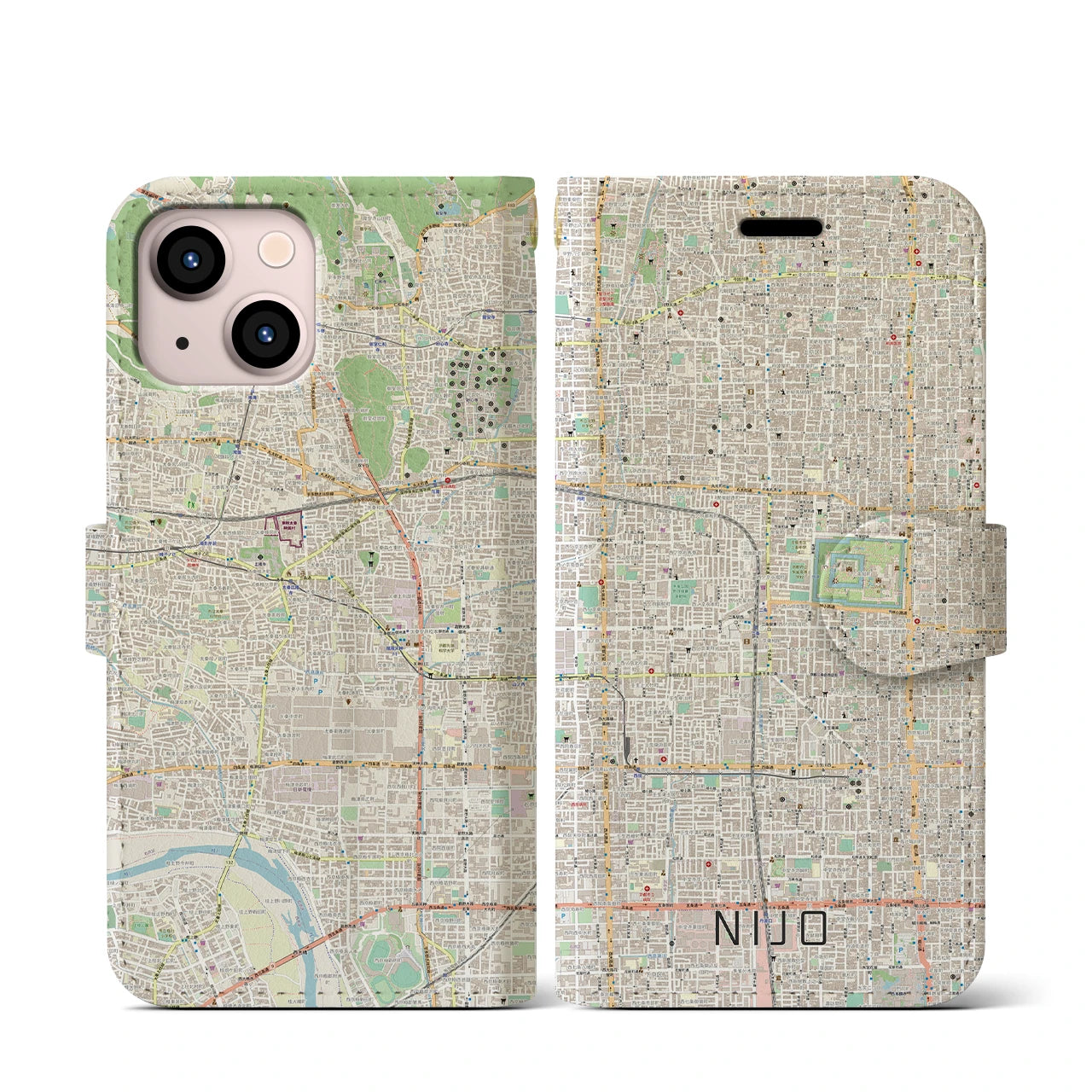 【二条】地図柄iPhoneケース（手帳両面タイプ・ナチュラル）iPhone 13 mini 用