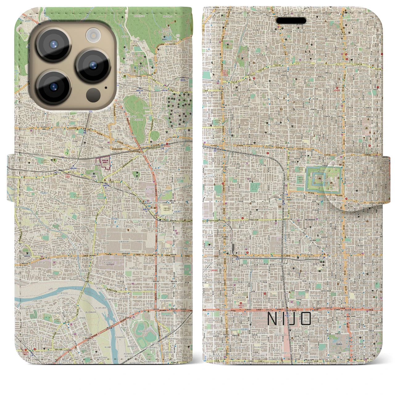 【二条】地図柄iPhoneケース（手帳両面タイプ・ナチュラル）iPhone 14 Pro Max 用
