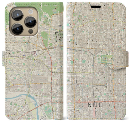 【二条（京都府）】地図柄iPhoneケース（手帳タイプ）ナチュラル・iPhone 14 Pro Max 用