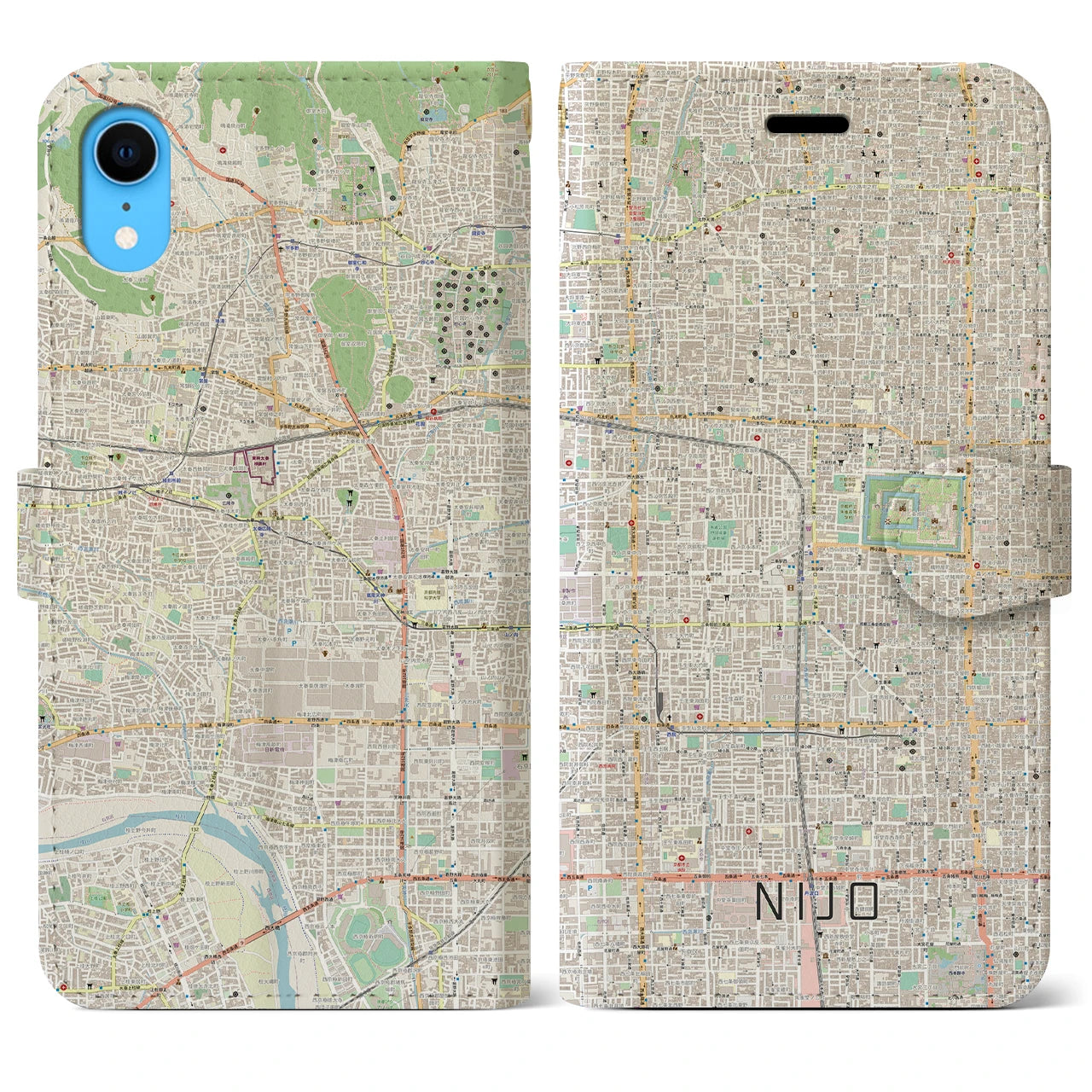 【二条】地図柄iPhoneケース（手帳両面タイプ・ナチュラル）iPhone XR 用