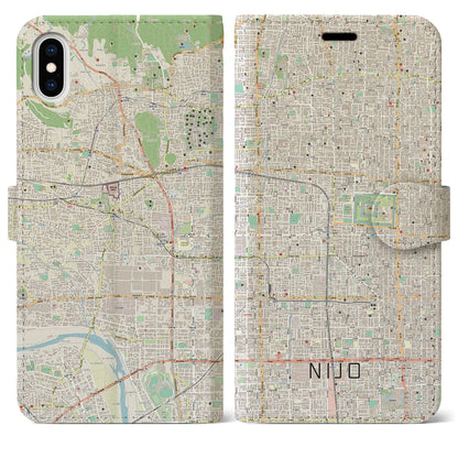 【二条（京都府）】地図柄iPhoneケース（手帳タイプ）ナチュラル・iPhone XS Max 用