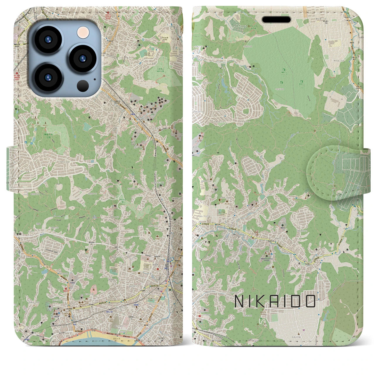 【二階堂】地図柄iPhoneケース（手帳両面タイプ・ナチュラル）iPhone 13 Pro Max 用