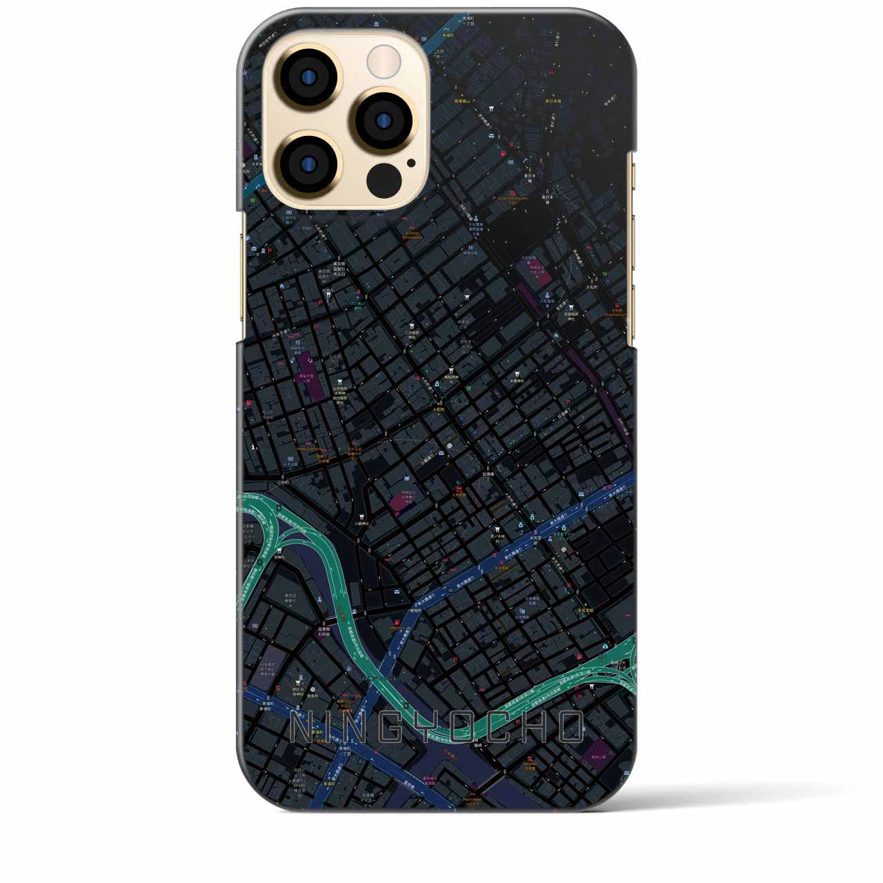 【人形町】地図柄iPhoneケース（バックカバータイプ・ブラック）iPhone 12 Pro Max 用