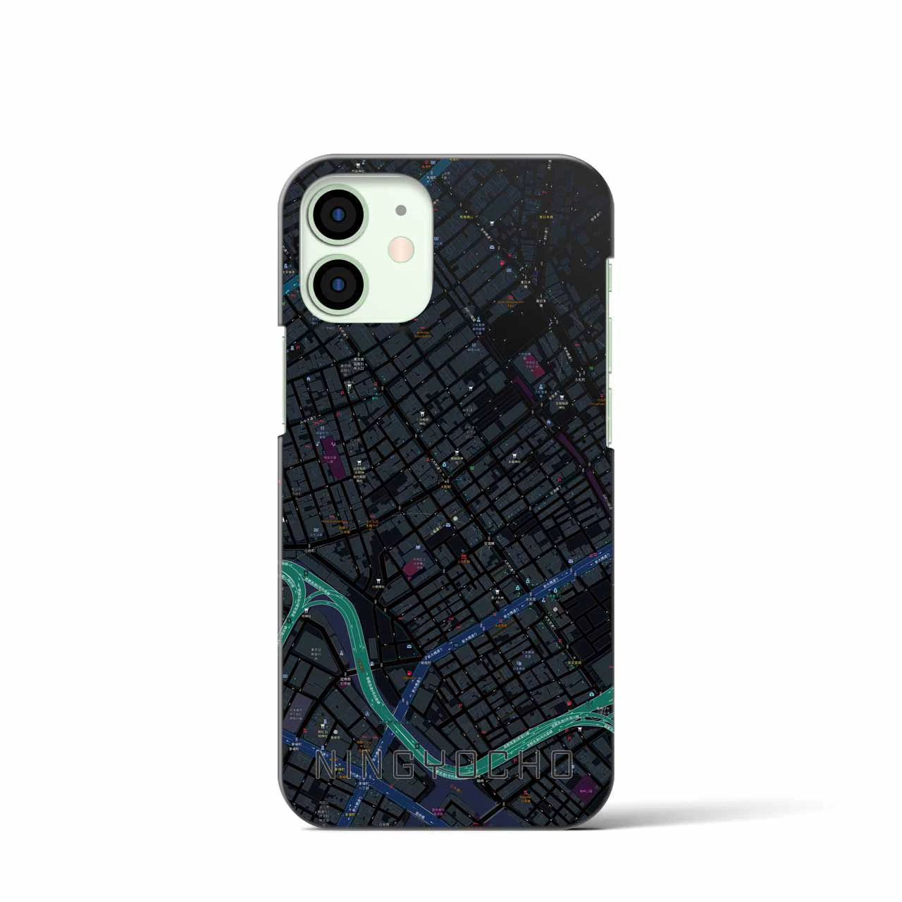 【人形町】地図柄iPhoneケース（バックカバータイプ・ブラック）iPhone 12 mini 用