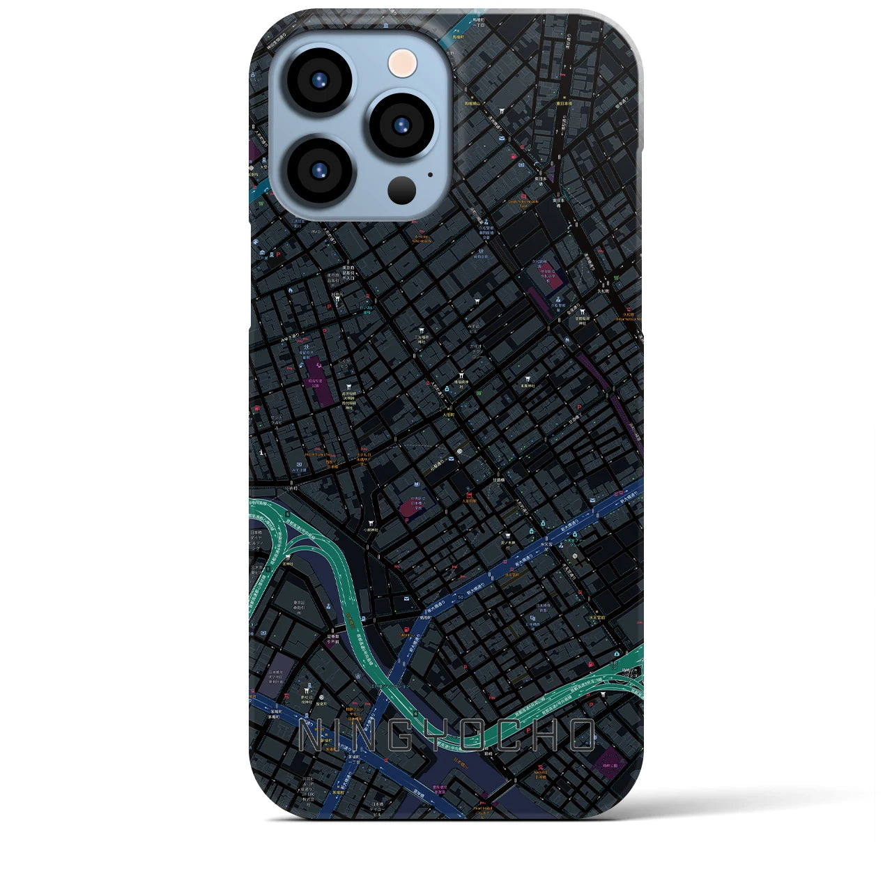 【人形町】地図柄iPhoneケース（バックカバータイプ・ブラック）iPhone 13 Pro Max 用