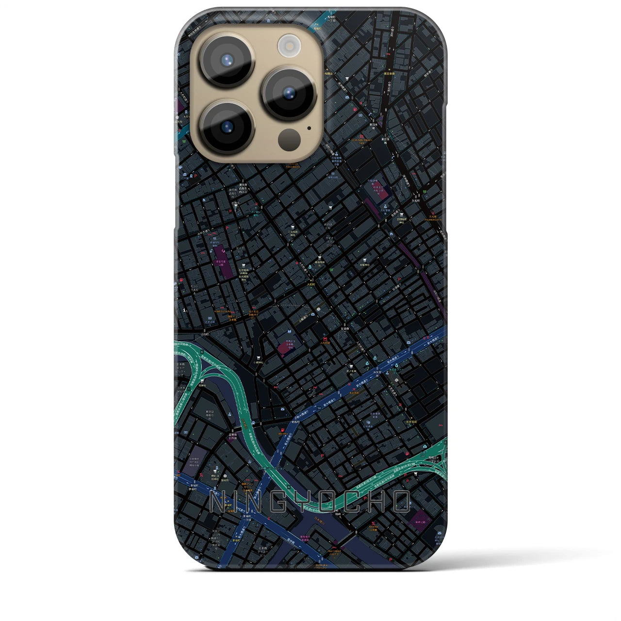 【人形町】地図柄iPhoneケース（バックカバータイプ・ブラック）iPhone 14 Pro Max 用