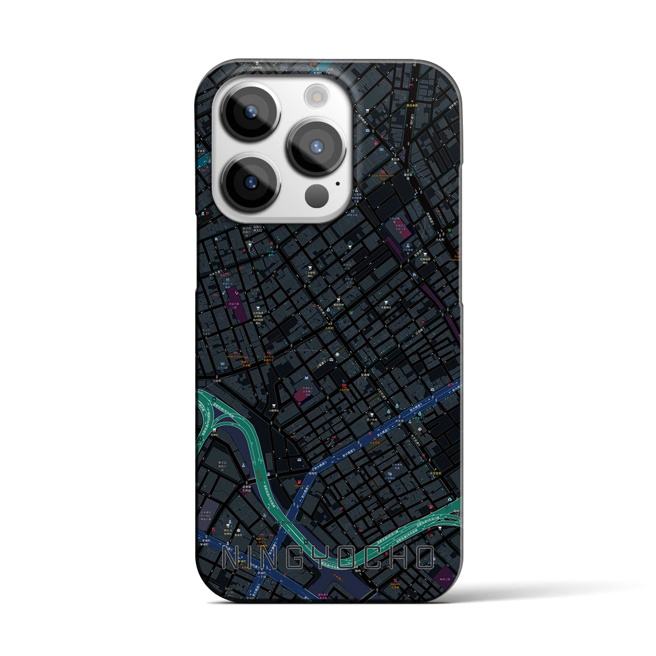 【人形町】地図柄iPhoneケース（バックカバータイプ・ブラック）iPhone 14 Pro 用