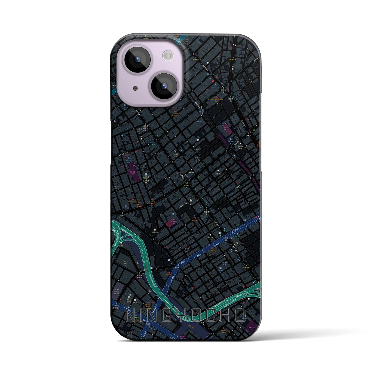 【人形町】地図柄iPhoneケース（バックカバータイプ・ブラック）iPhone 14 用