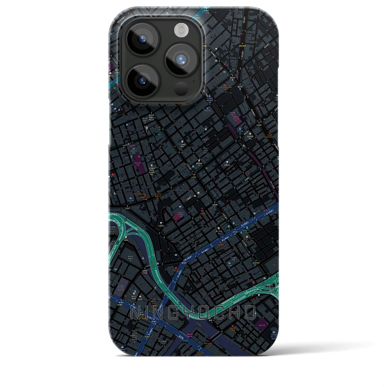 【人形町】地図柄iPhoneケース（バックカバータイプ・ブラック）iPhone 15 Pro Max 用
