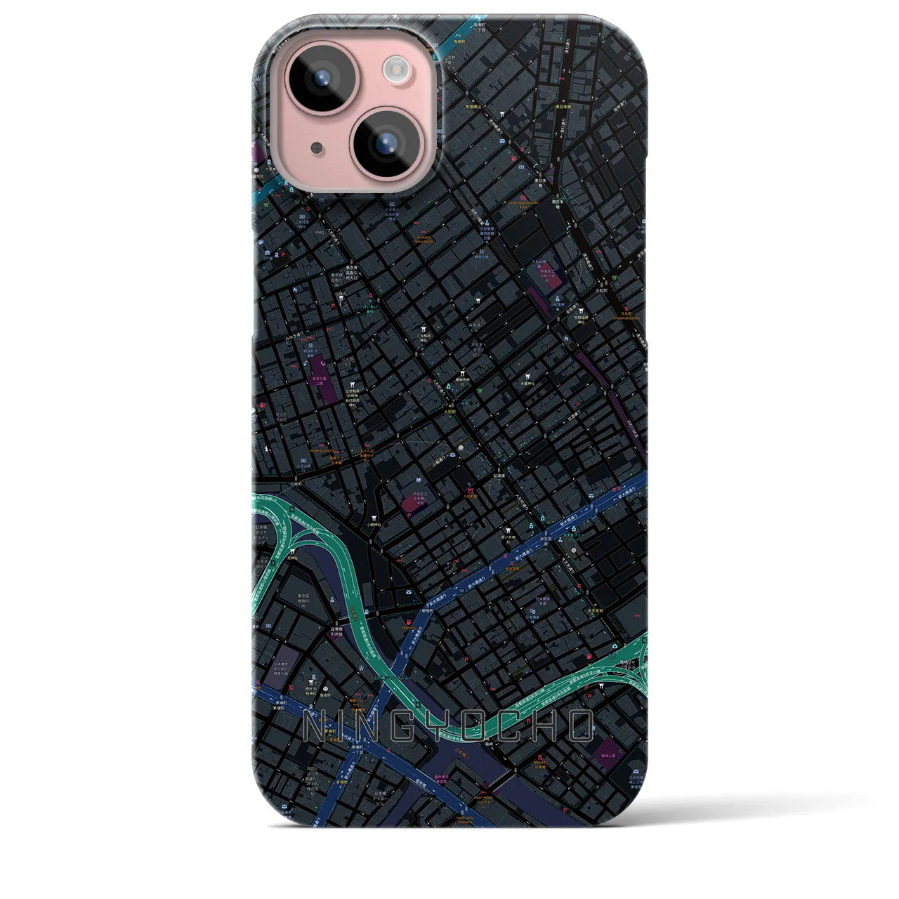 【人形町】地図柄iPhoneケース（バックカバータイプ・ブラック）iPhone 15 Plus 用