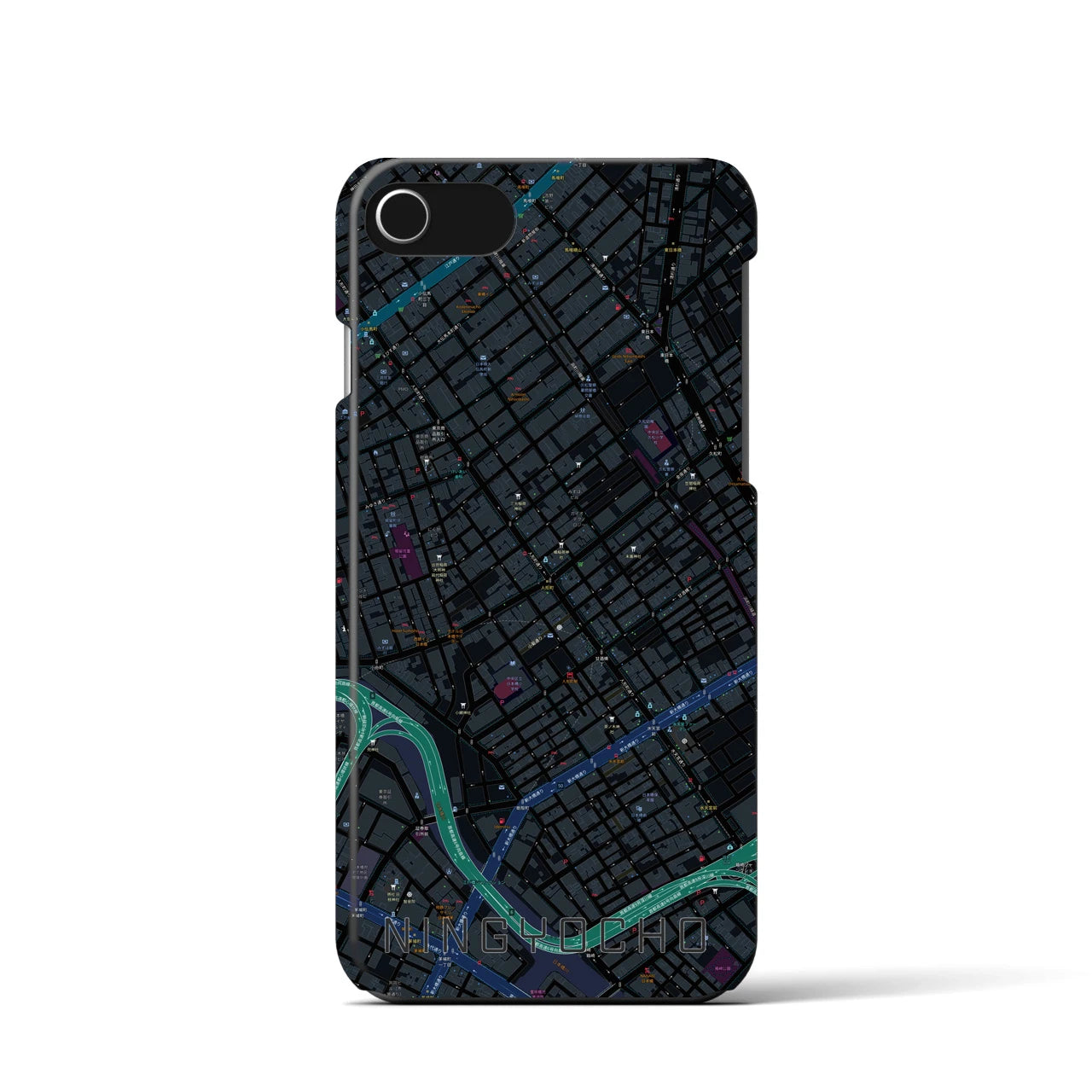 【人形町】地図柄iPhoneケース（バックカバータイプ・ブラック）iPhone SE（第3 / 第2世代） / 8 / 7 / 6s / 6 用