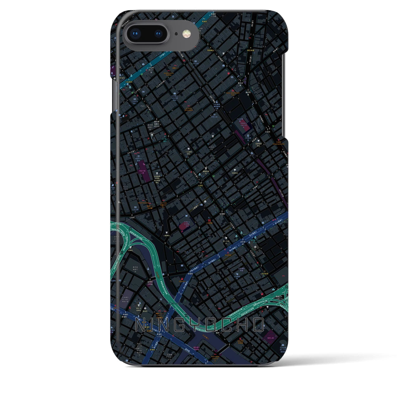 【人形町】地図柄iPhoneケース（バックカバータイプ・ブラック）iPhone 8Plus /7Plus / 6sPlus / 6Plus 用