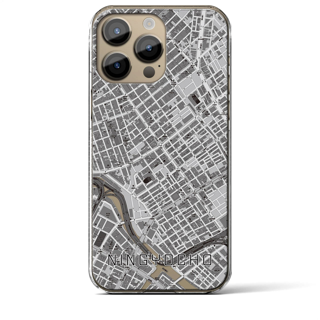 【人形町】地図柄iPhoneケース（クリアタイプ・モノトーン）iPhone 14 Pro Max 用