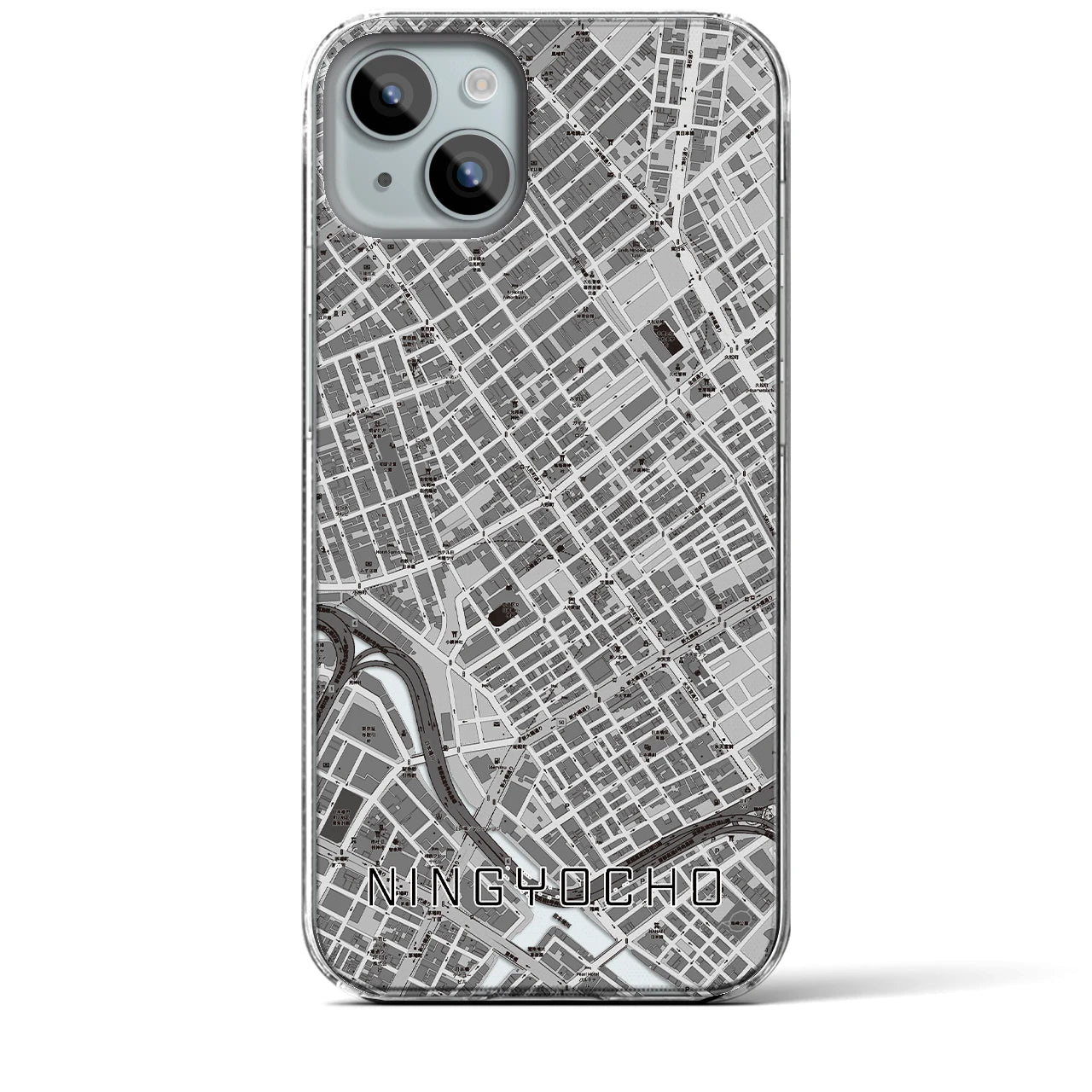 【人形町】地図柄iPhoneケース（クリアタイプ・モノトーン）iPhone 15 Plus 用