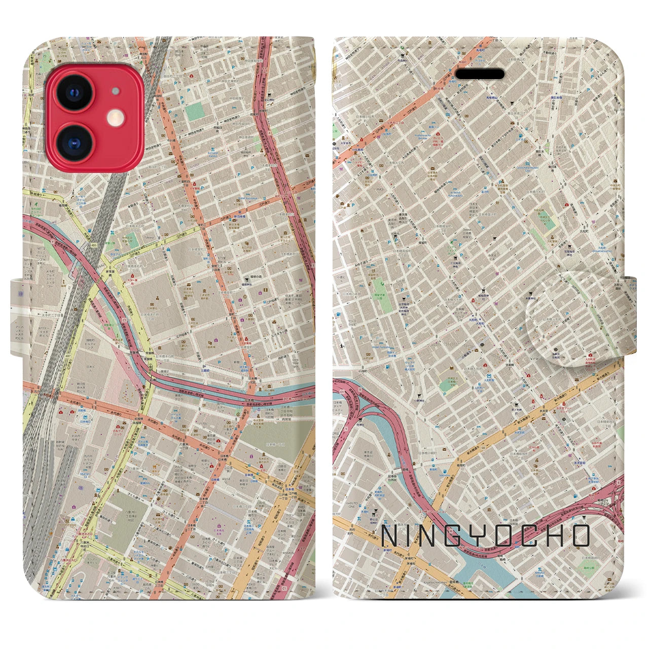 【人形町】地図柄iPhoneケース（手帳両面タイプ・ナチュラル）iPhone 11 用