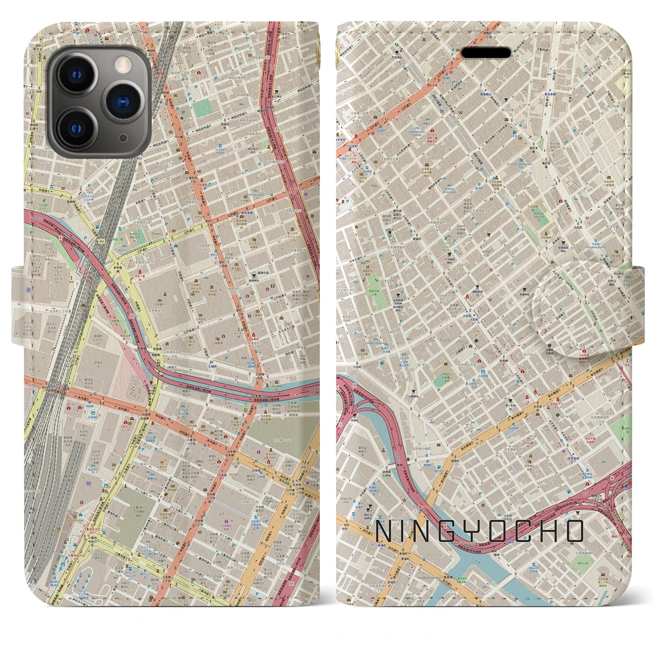 【人形町】地図柄iPhoneケース（手帳両面タイプ・ナチュラル）iPhone 11 Pro Max 用