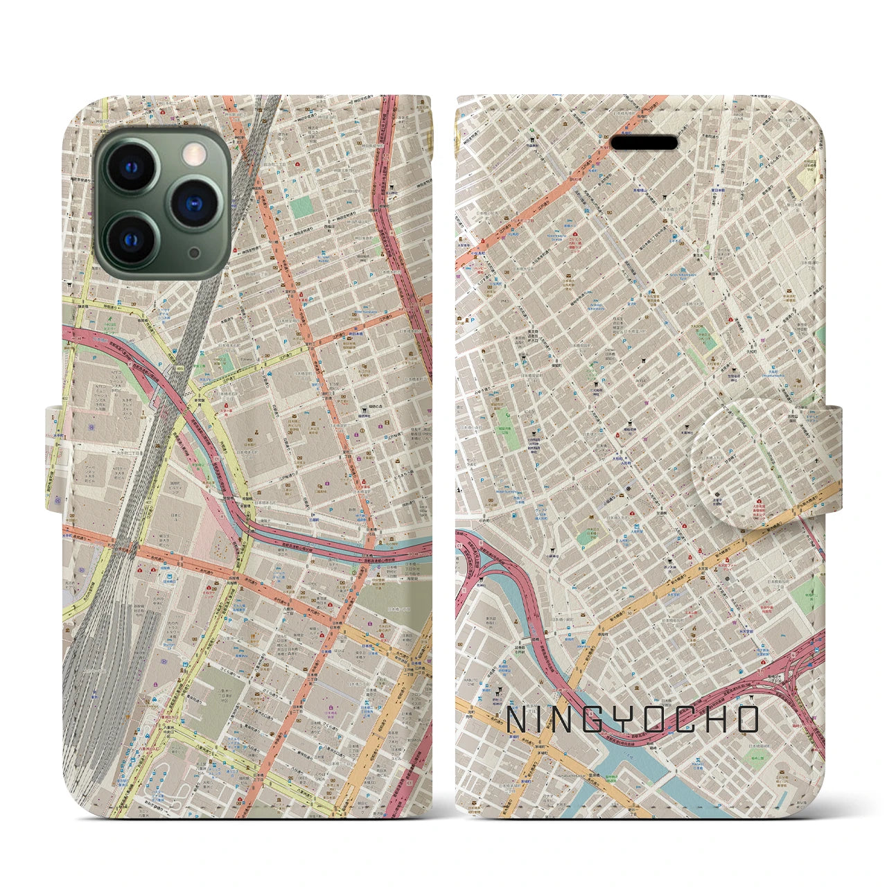 【人形町】地図柄iPhoneケース（手帳両面タイプ・ナチュラル）iPhone 11 Pro 用