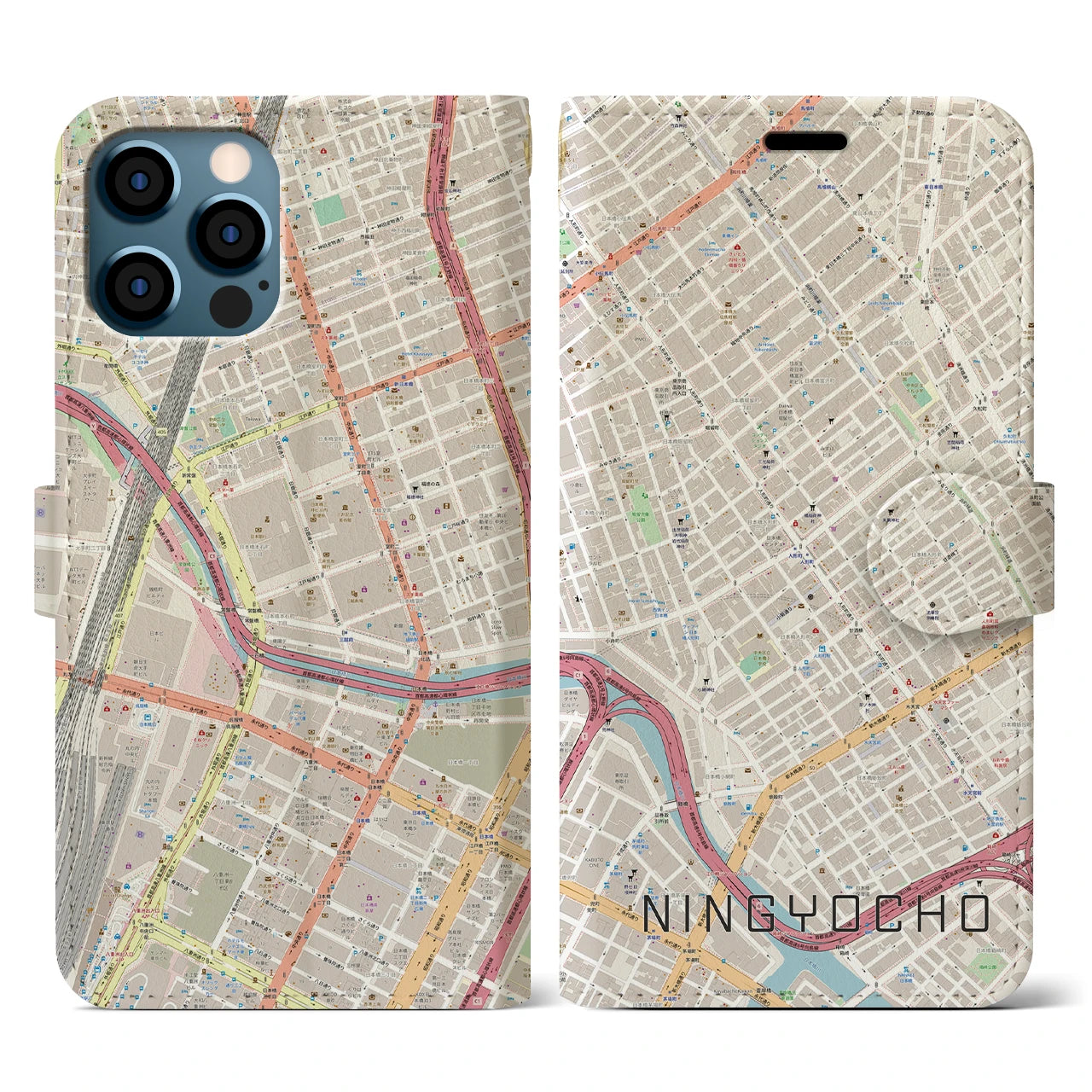 【人形町】地図柄iPhoneケース（手帳両面タイプ・ナチュラル）iPhone 12 / 12 Pro 用