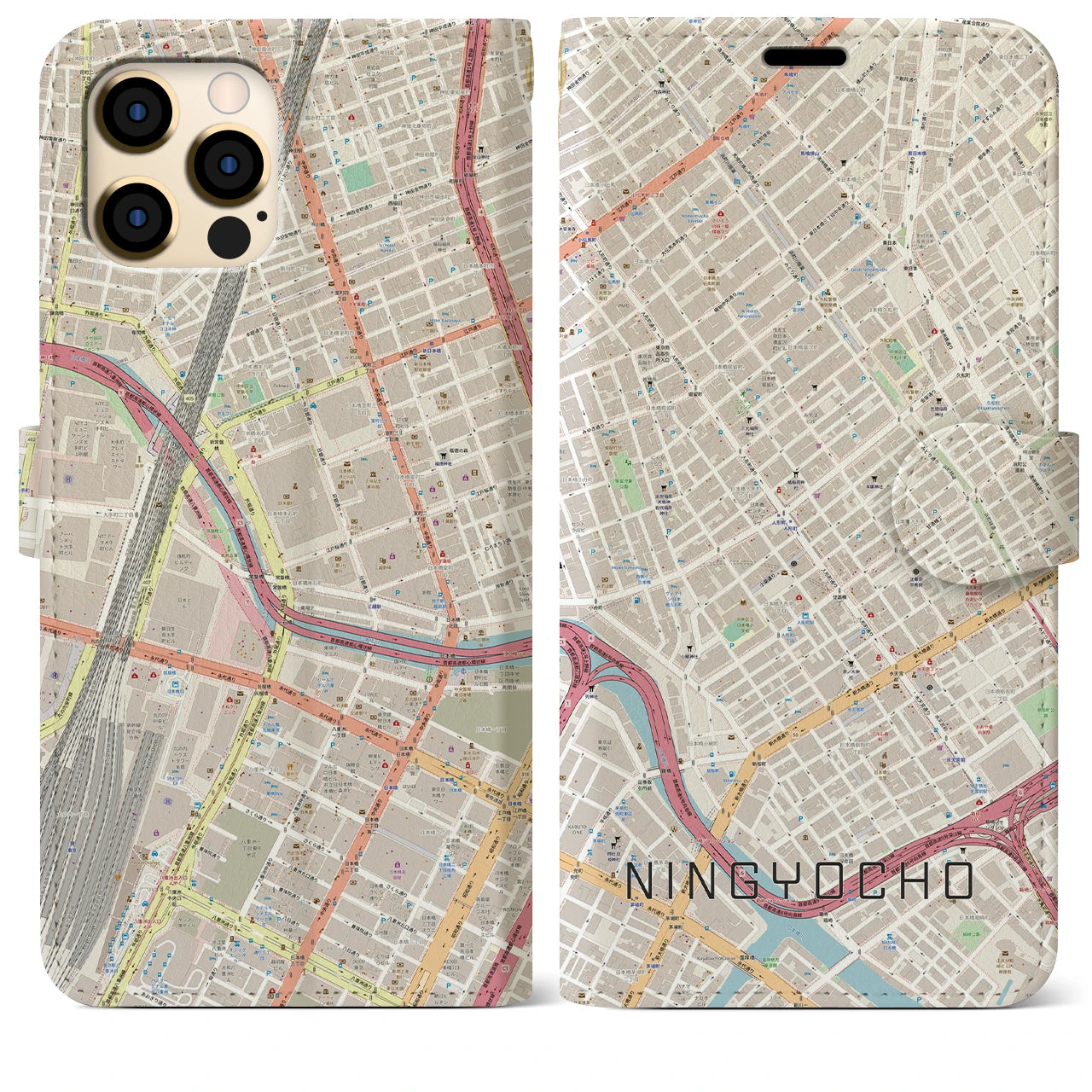 【人形町】地図柄iPhoneケース（手帳両面タイプ・ナチュラル）iPhone 12 Pro Max 用