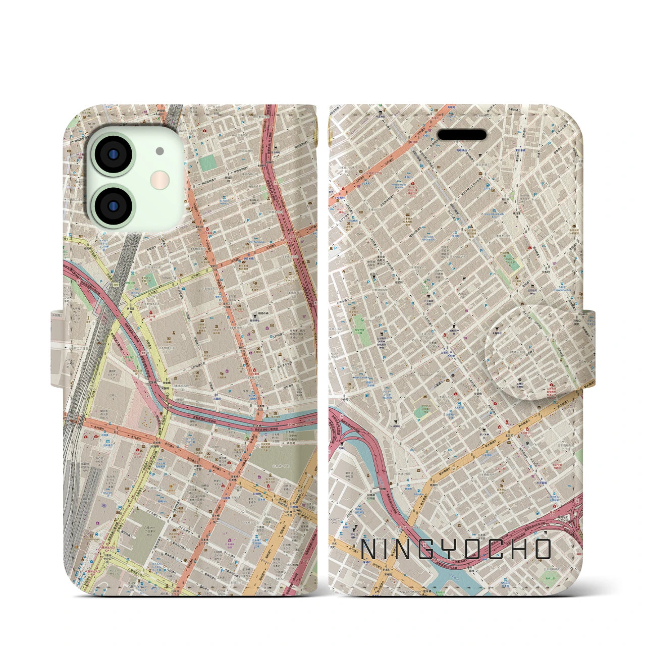 【人形町】地図柄iPhoneケース（手帳両面タイプ・ナチュラル）iPhone 12 mini 用