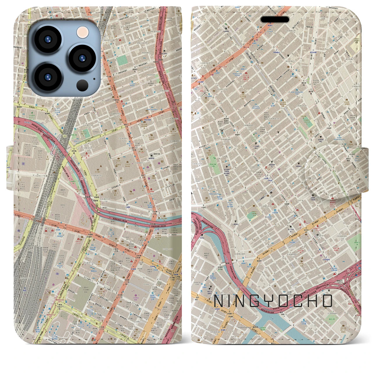 【人形町】地図柄iPhoneケース（手帳両面タイプ・ナチュラル）iPhone 13 Pro Max 用
