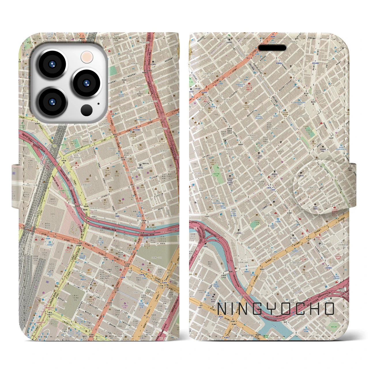 【人形町】地図柄iPhoneケース（手帳両面タイプ・ナチュラル）iPhone 13 Pro 用