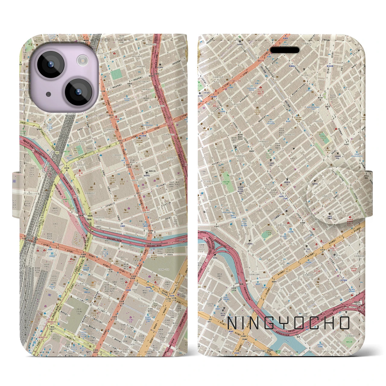 【人形町】地図柄iPhoneケース（手帳両面タイプ・ナチュラル）iPhone 14 用