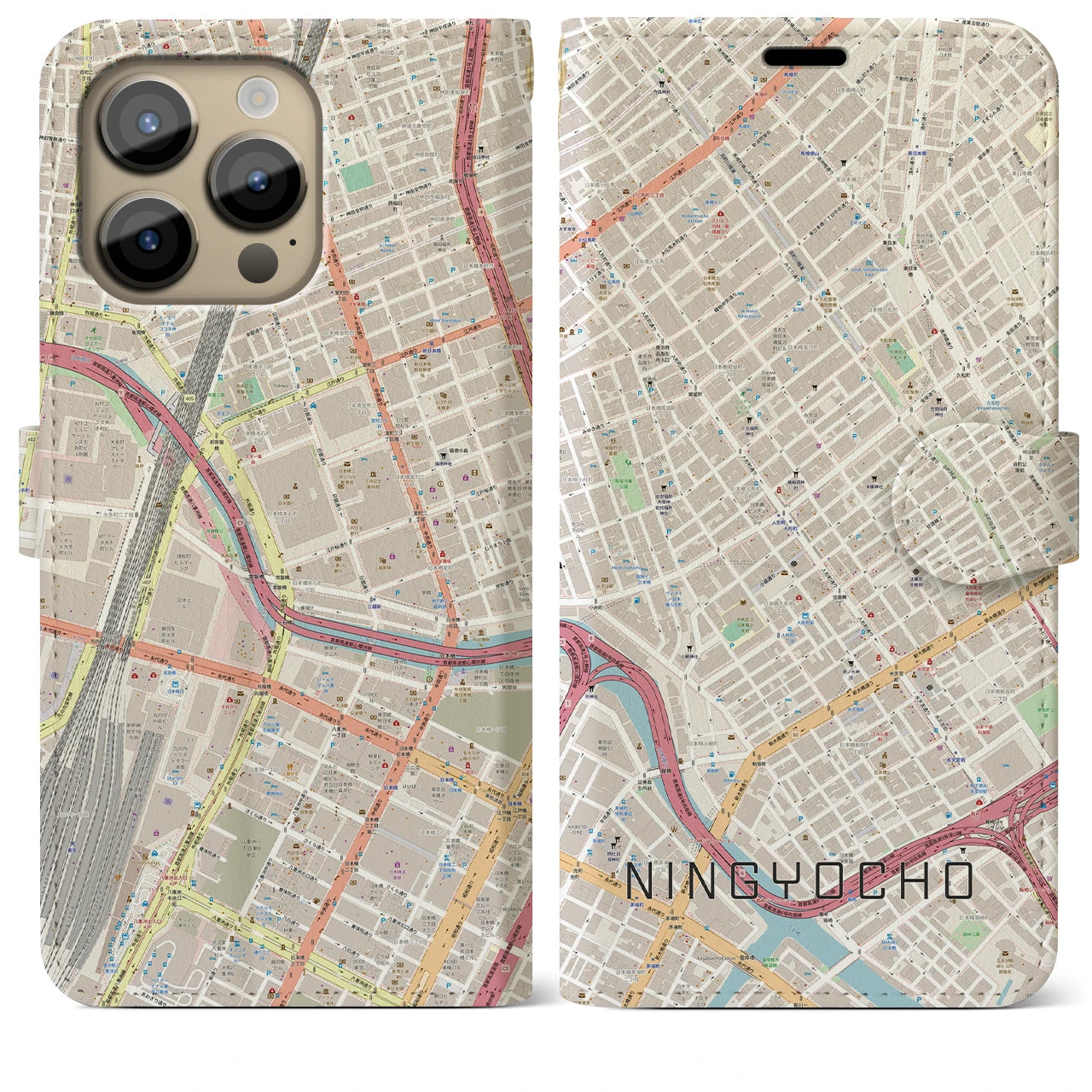 【人形町】地図柄iPhoneケース（手帳両面タイプ・ナチュラル）iPhone 14 Pro Max 用