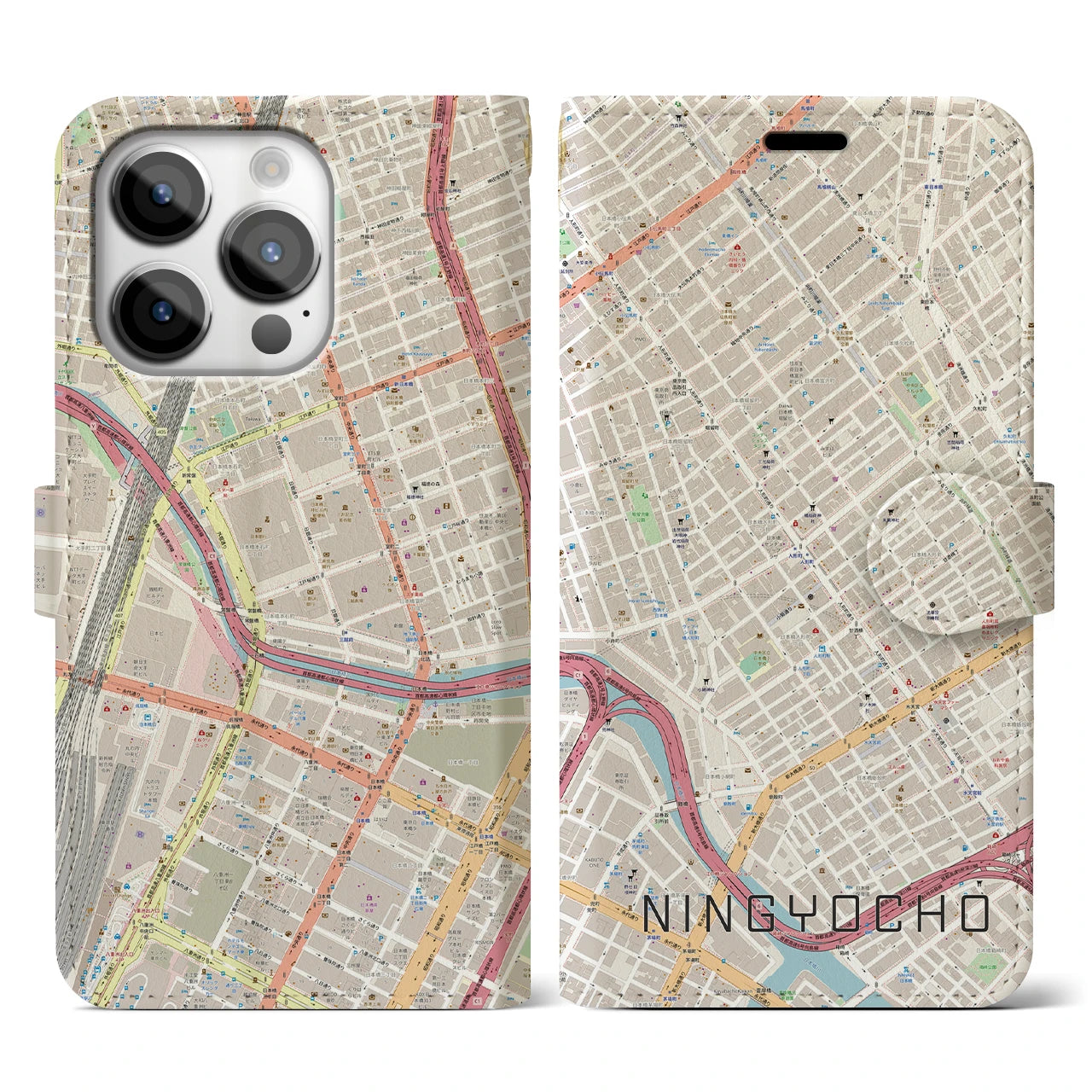 【人形町】地図柄iPhoneケース（手帳両面タイプ・ナチュラル）iPhone 14 Pro 用