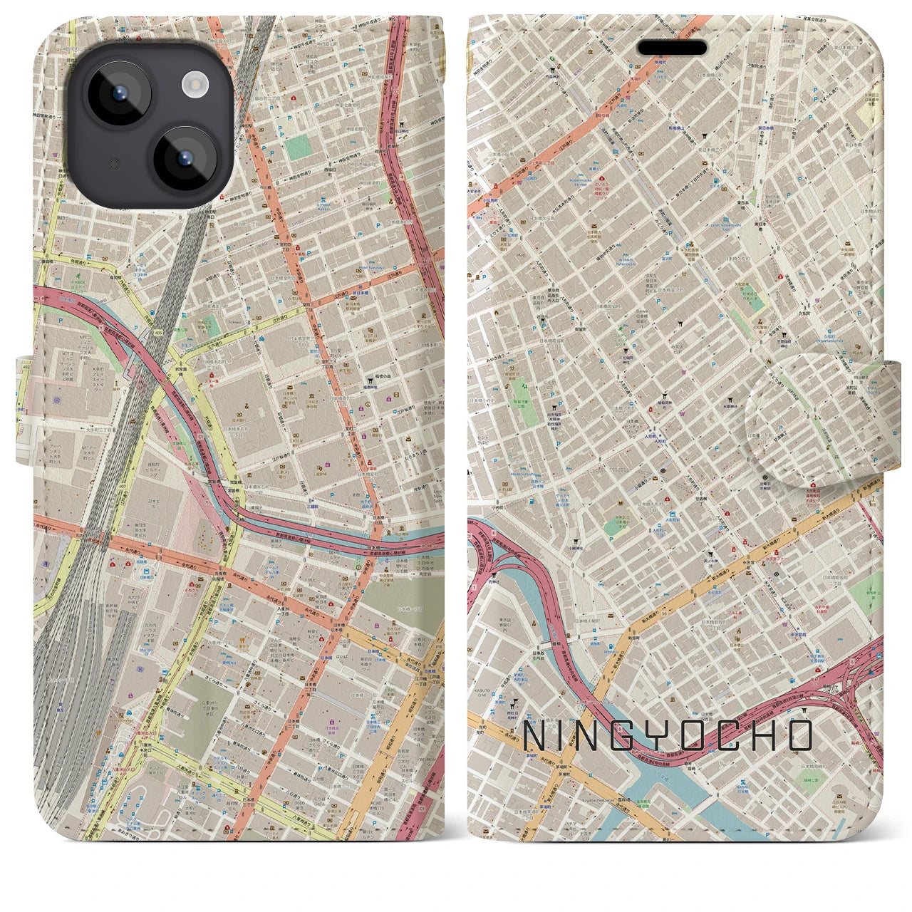 【人形町】地図柄iPhoneケース（手帳両面タイプ・ナチュラル）iPhone 14 Plus 用