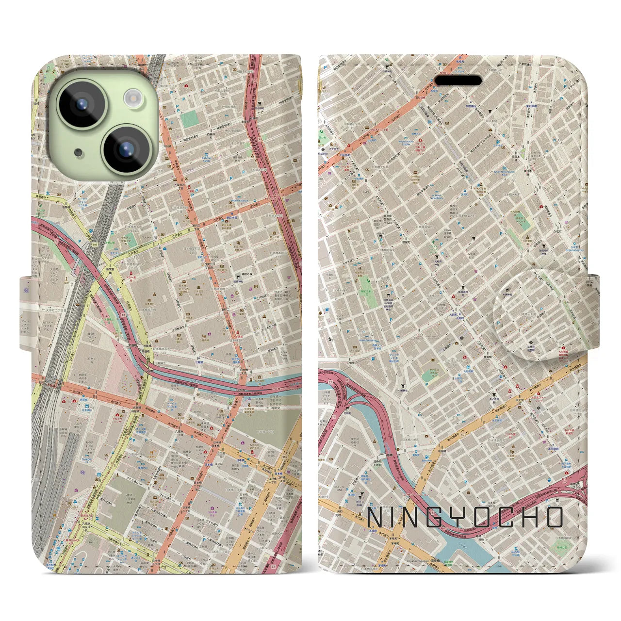 【人形町】地図柄iPhoneケース（手帳両面タイプ・ナチュラル）iPhone 15 用