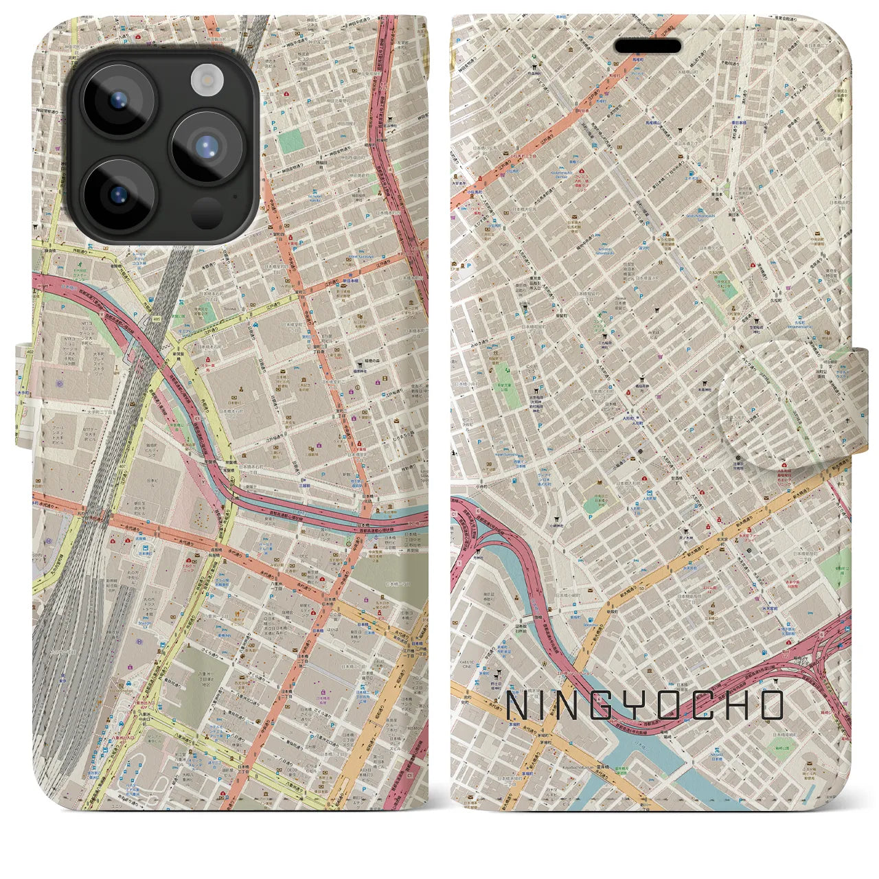 【人形町】地図柄iPhoneケース（手帳両面タイプ・ナチュラル）iPhone 15 Pro Max 用