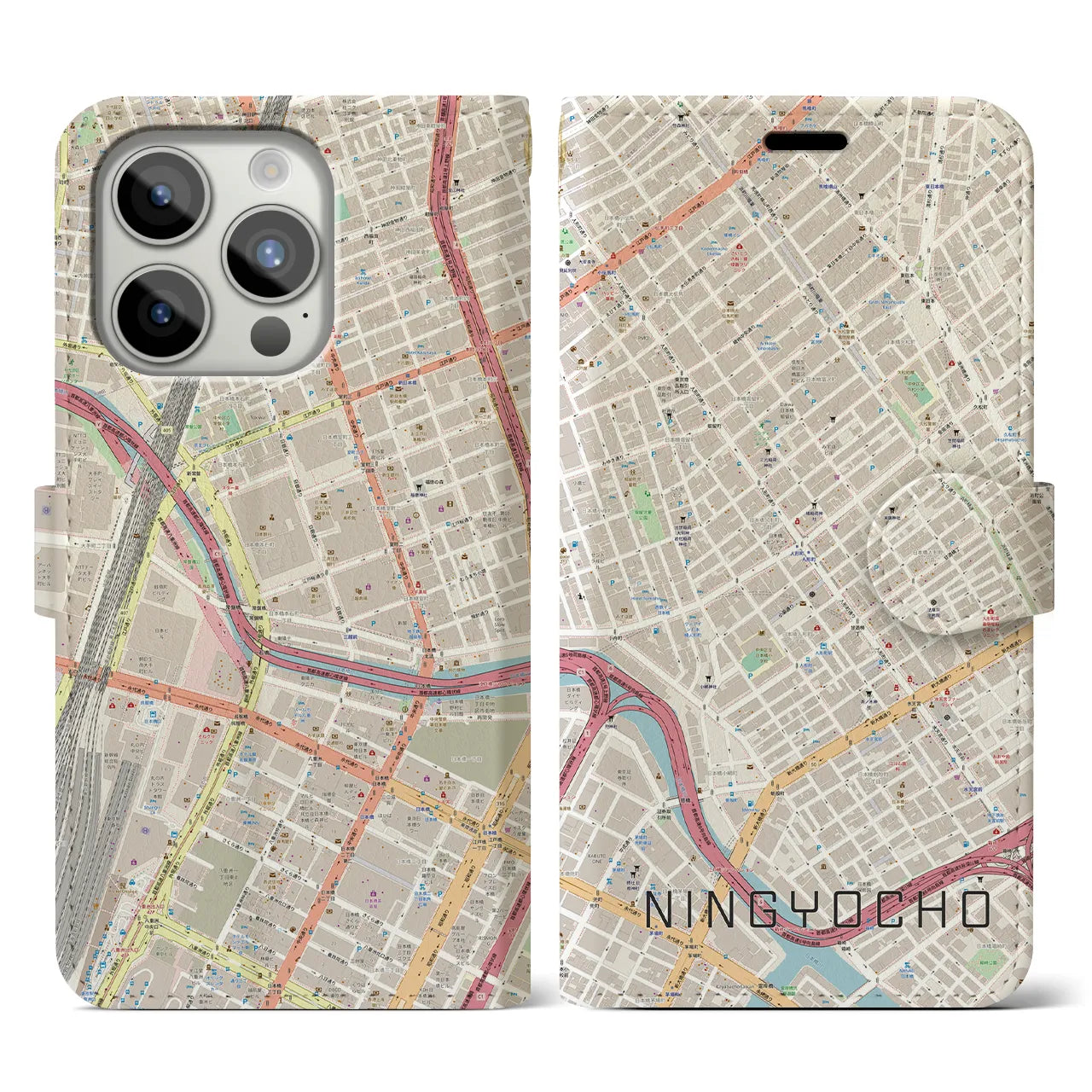 【人形町】地図柄iPhoneケース（手帳両面タイプ・ナチュラル）iPhone 15 Pro 用