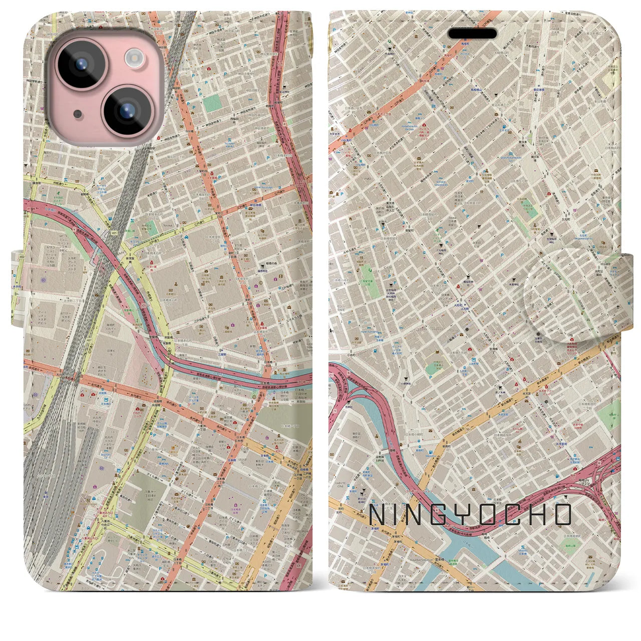 【人形町】地図柄iPhoneケース（手帳両面タイプ・ナチュラル）iPhone 15 Plus 用