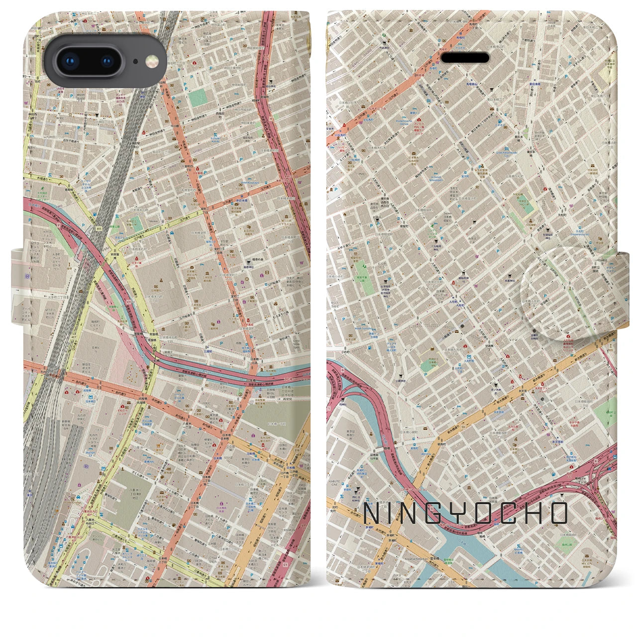 【人形町】地図柄iPhoneケース（手帳両面タイプ・ナチュラル）iPhone 8Plus /7Plus / 6sPlus / 6Plus 用
