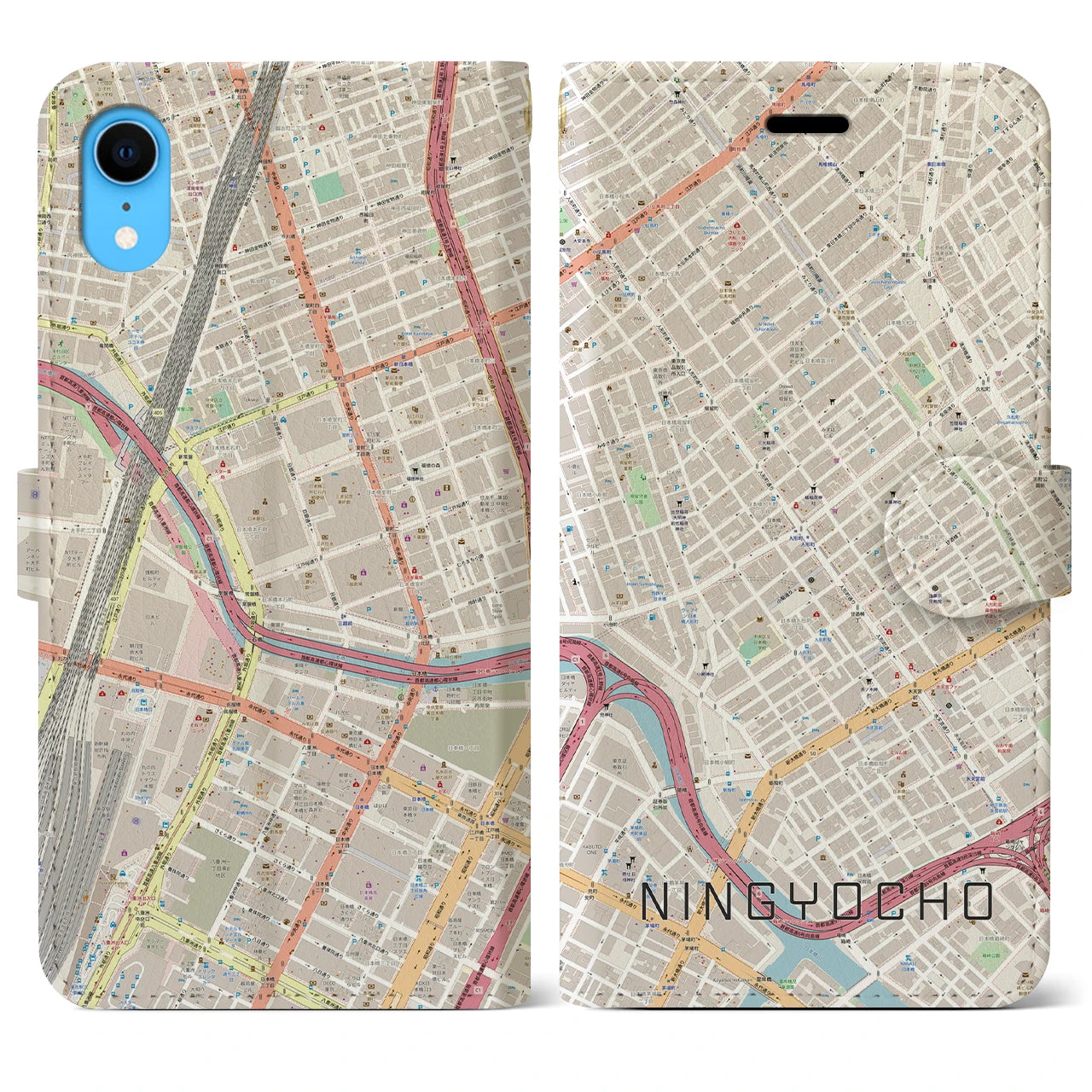 【人形町】地図柄iPhoneケース（手帳両面タイプ・ナチュラル）iPhone XR 用