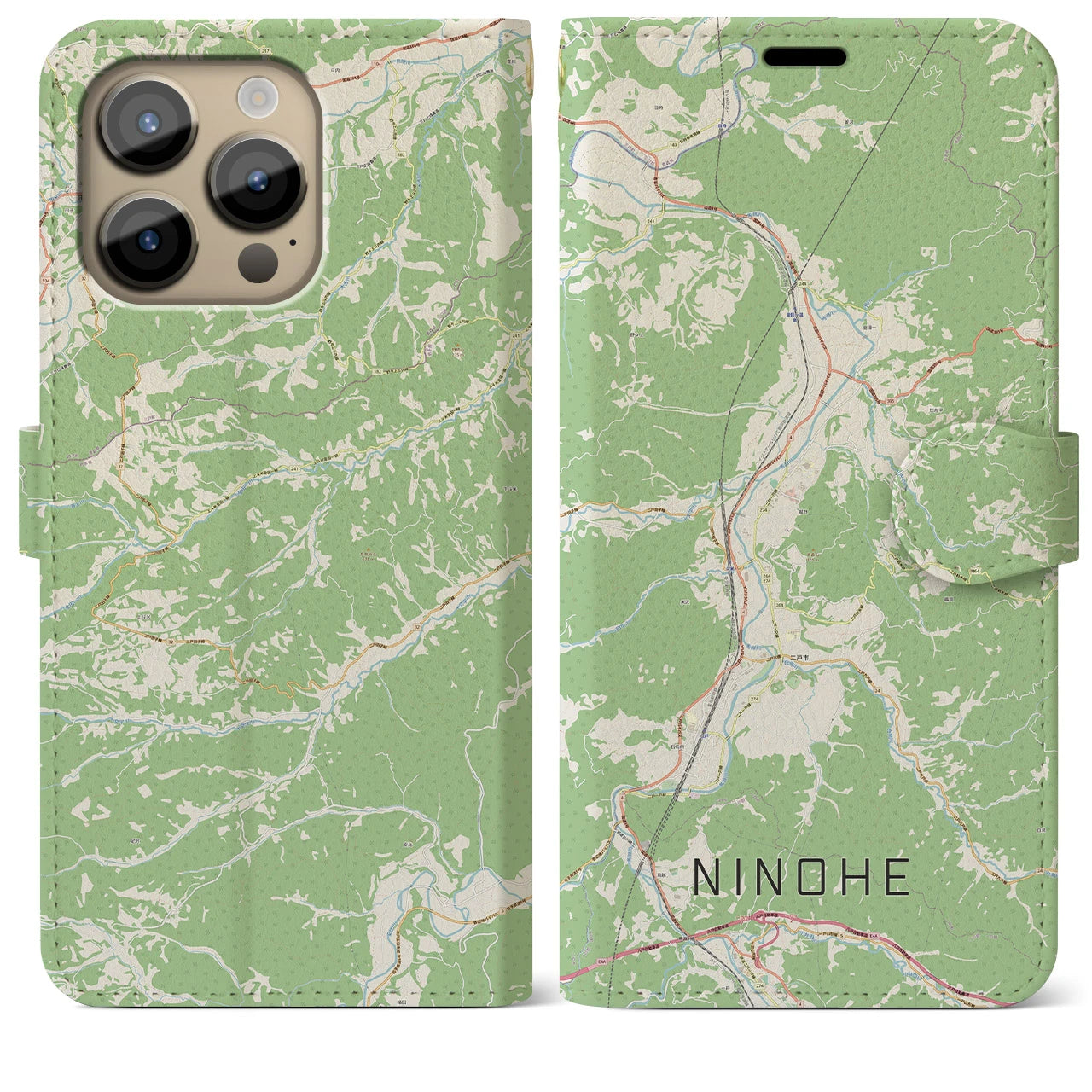 【二戸】地図柄iPhoneケース（手帳両面タイプ・ナチュラル）iPhone 14 Pro Max 用