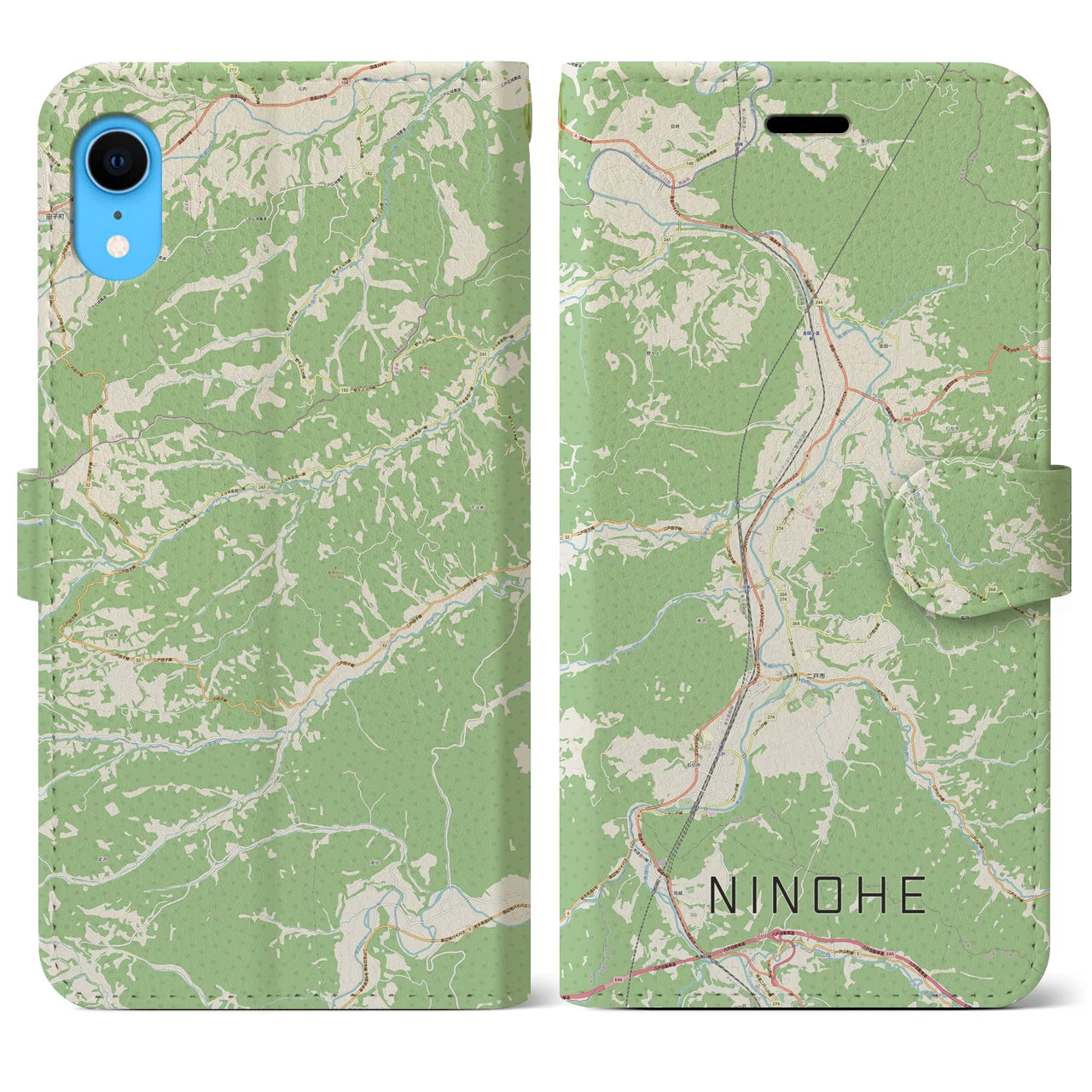 【二戸】地図柄iPhoneケース（手帳両面タイプ・ナチュラル）iPhone XR 用