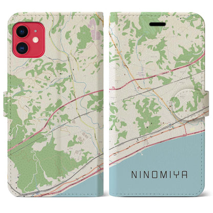 【二宮（神奈川県）】地図柄iPhoneケース（手帳タイプ）ナチュラル・iPhone 11 用