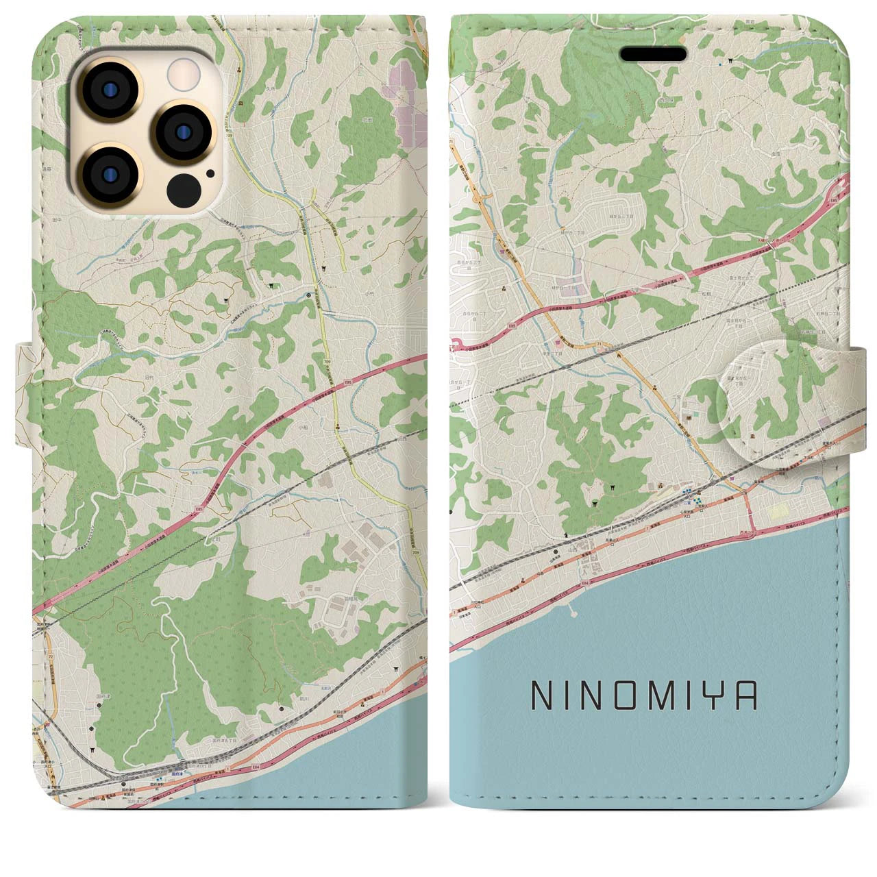 【二宮】地図柄iPhoneケース（手帳両面タイプ・ナチュラル）iPhone 12 Pro Max 用