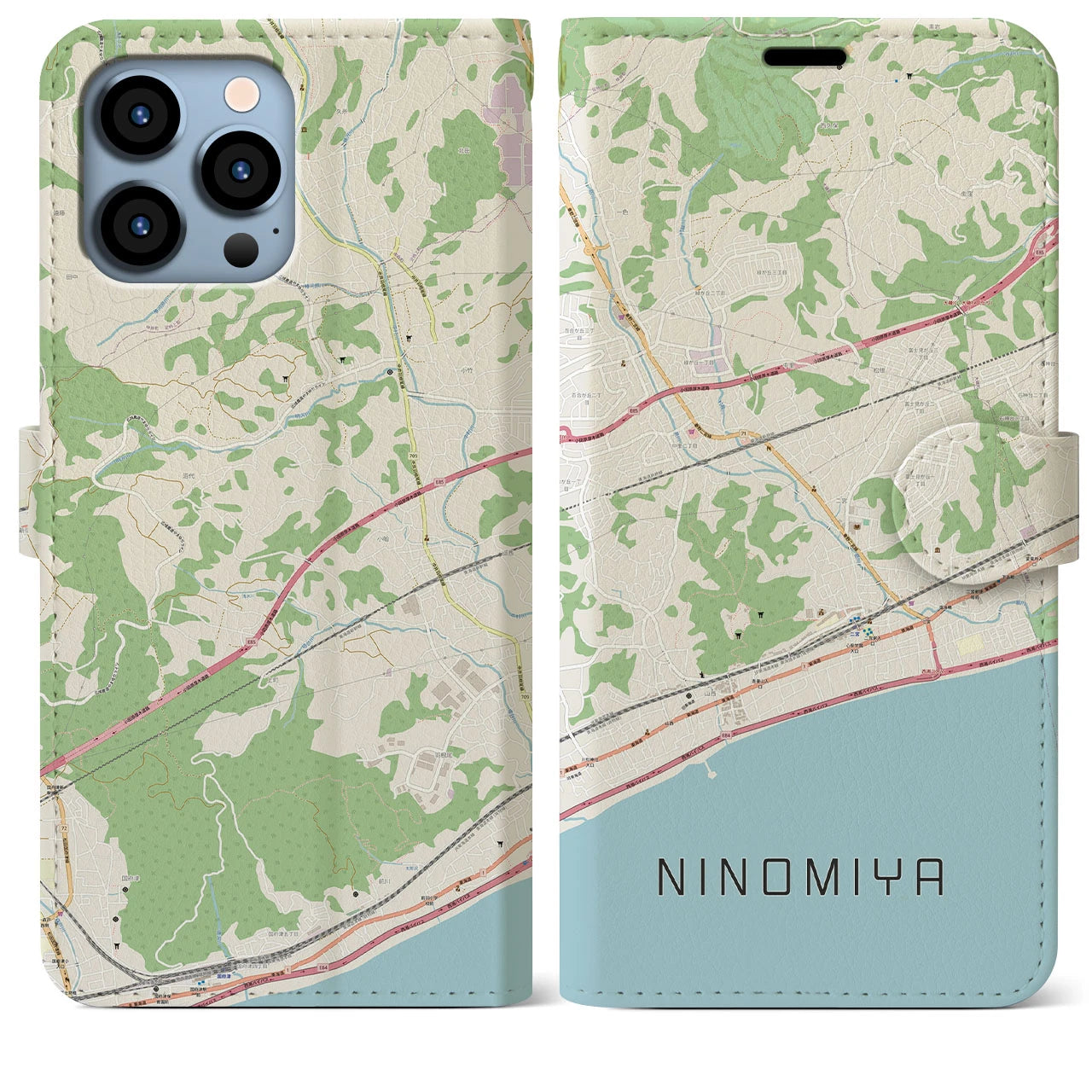【二宮】地図柄iPhoneケース（手帳両面タイプ・ナチュラル）iPhone 13 Pro Max 用