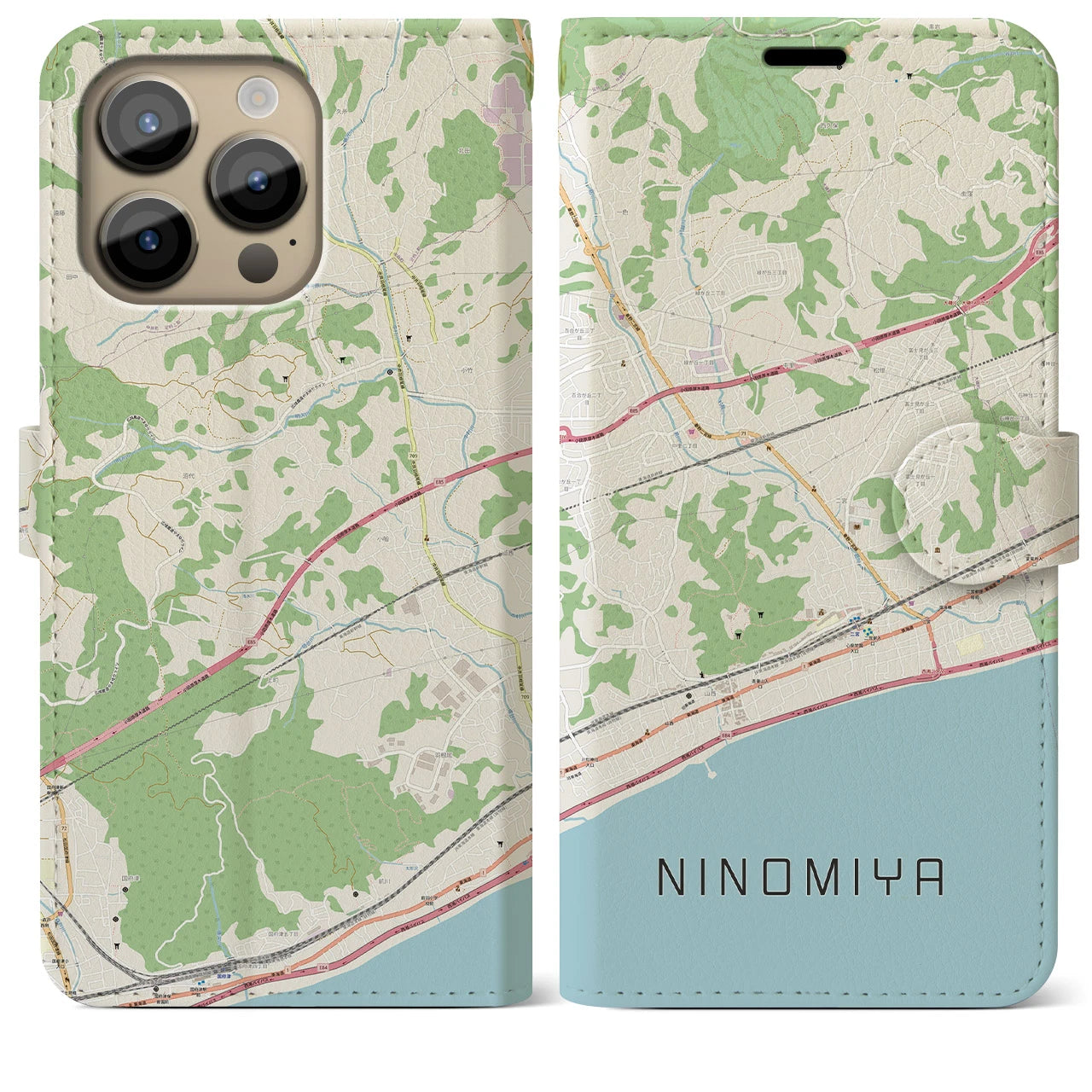 【二宮】地図柄iPhoneケース（手帳両面タイプ・ナチュラル）iPhone 14 Pro Max 用